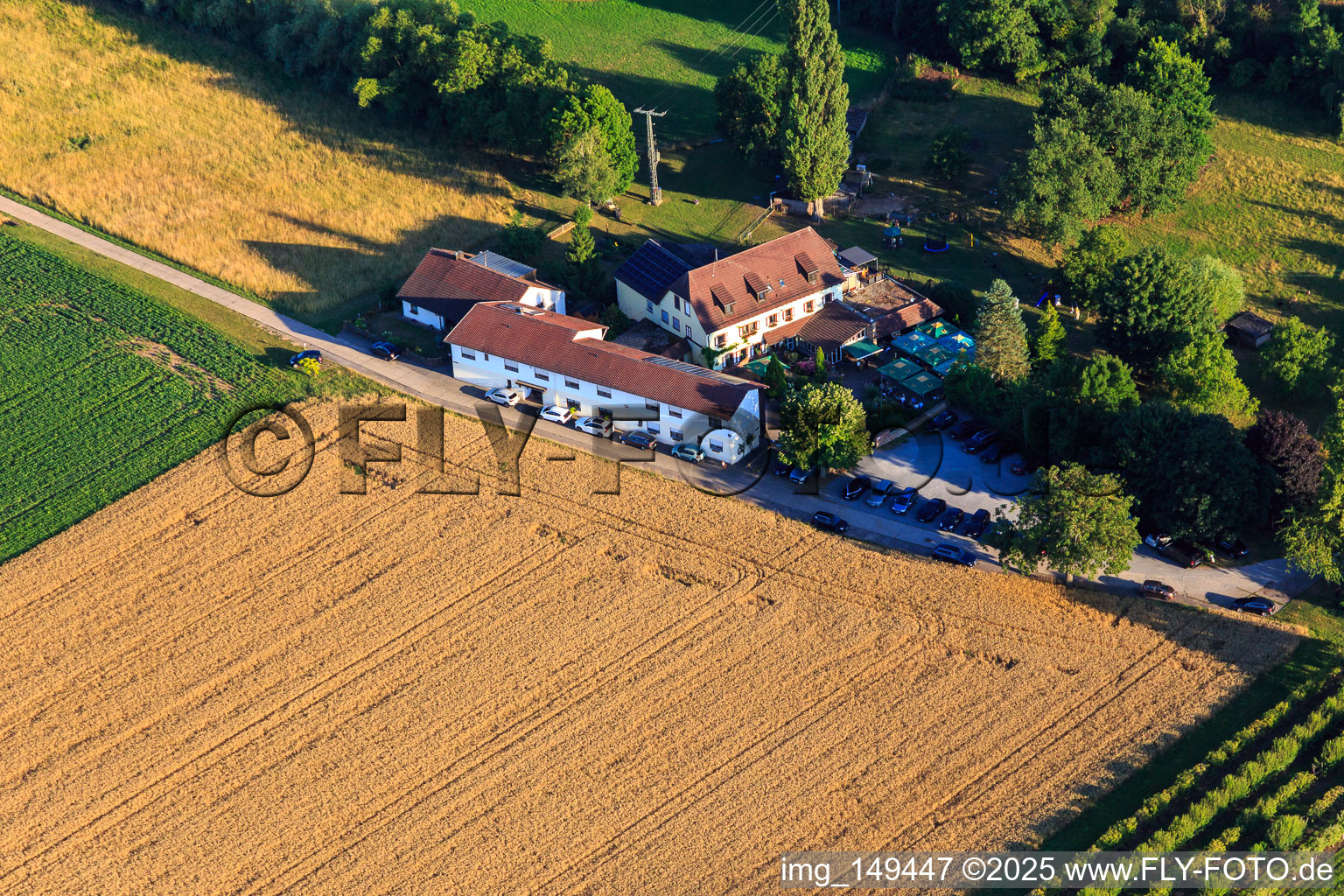 Aerial view of Mühlengrund Restaurant in the district Heuchelheim in Heuchelheim-Klingen in the state Rhineland-Palatinate, Germany