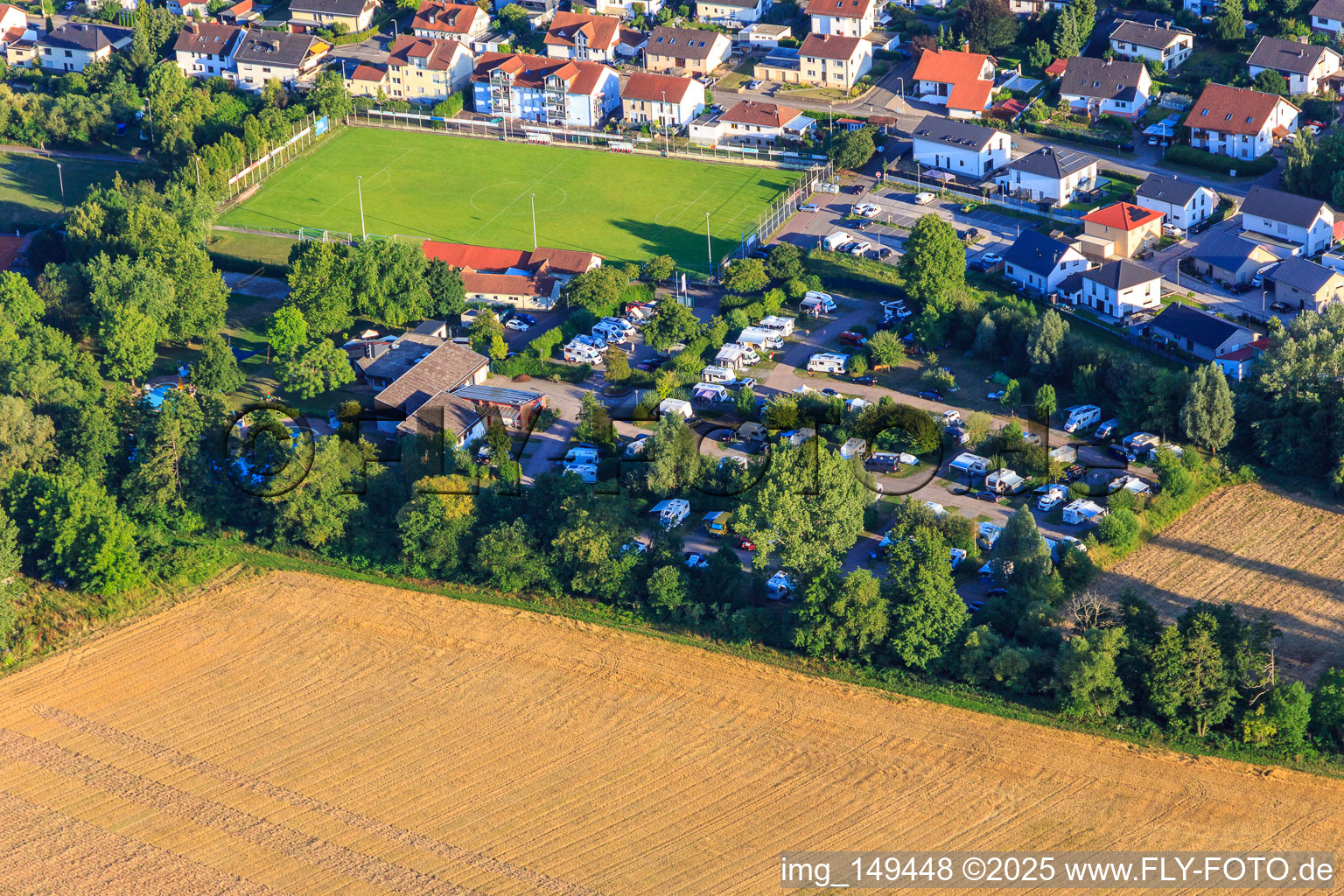 Bird's eye view of Camping in the Klingbachtal in the district Klingen in Heuchelheim-Klingen in the state Rhineland-Palatinate, Germany