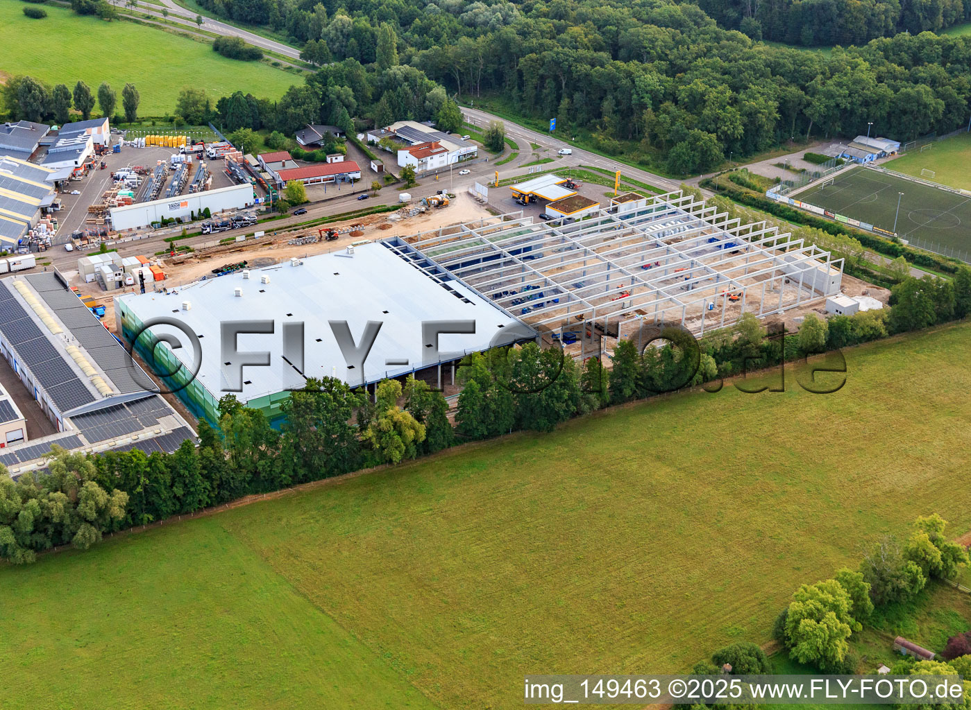 Aerial view of Construction site for the new logistics park of HANSAINVEST and DFI-Real-Estate Kandel after demolition of the OBI market in the district Minderslachen in Kandel in the state Rhineland-Palatinate, Germany