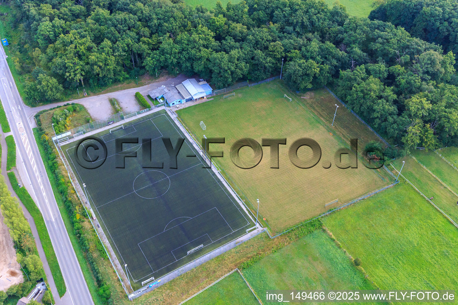 Sports fields and clubhouse of FC Bienwald Kandel in the district Minderslachen in Kandel in the state Rhineland-Palatinate, Germany