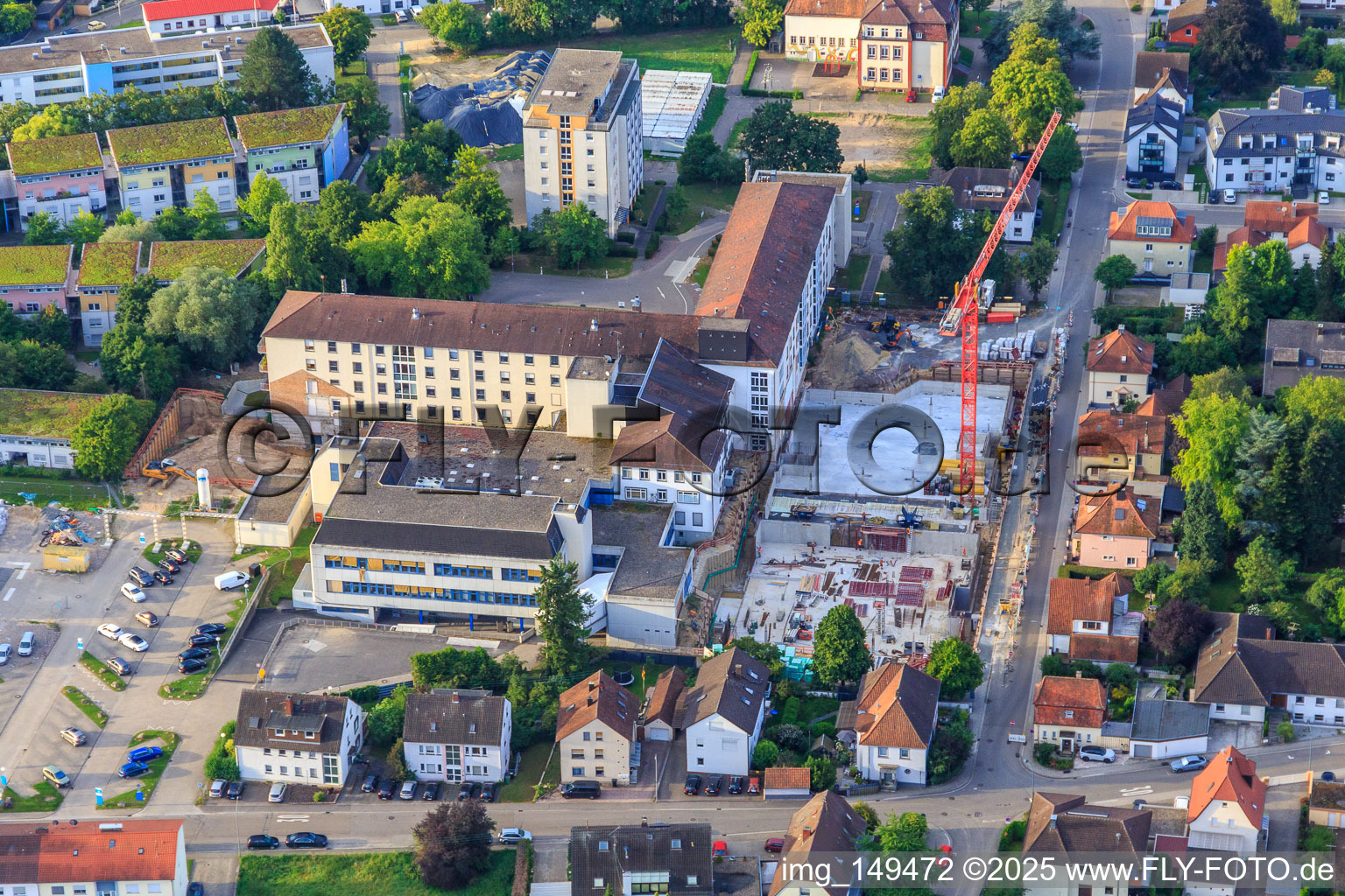 Construction site for the expansion of the Asklepios Südpfalzklinik Kandel in Kandel in the state Rhineland-Palatinate, Germany from above