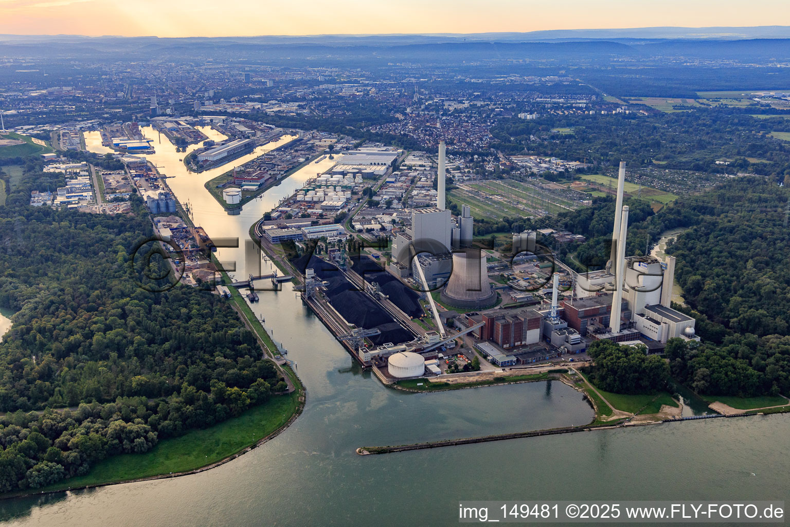 Rhine port steam power plant Karlsruhe and Rhine ports in the morning from the west in the district Daxlanden in Karlsruhe in the state Baden-Wuerttemberg, Germany