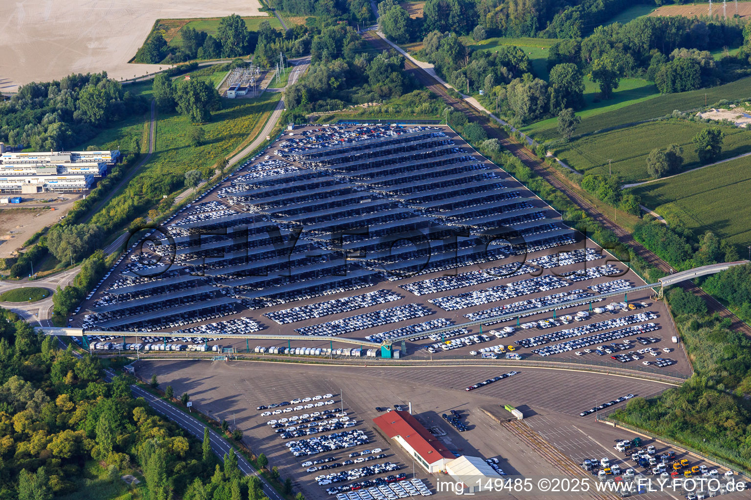 Aerial view of ARCHICUB - Parking space for importing Walon trucks and cars in Lauterbourg in the state Bas-Rhin, France
