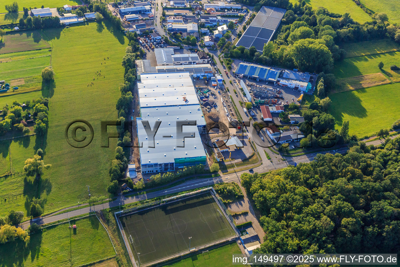 Bird's eye view of Construction site for the new logistics park of HANSAINVEST and DFI-Real-Estate Kandel after demolition of the OBI market in the district Minderslachen in Kandel in the state Rhineland-Palatinate, Germany