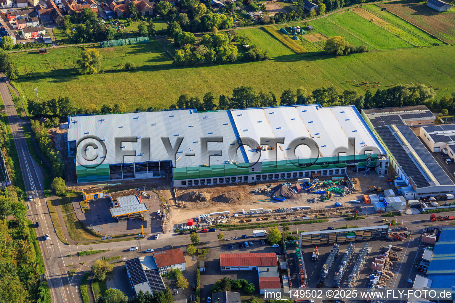 Construction site for the new logistics park of HANSAINVEST and DFI-Real-Estate Kandel after demolition of the OBI market in the district Minderslachen in Kandel in the state Rhineland-Palatinate, Germany from the drone perspective