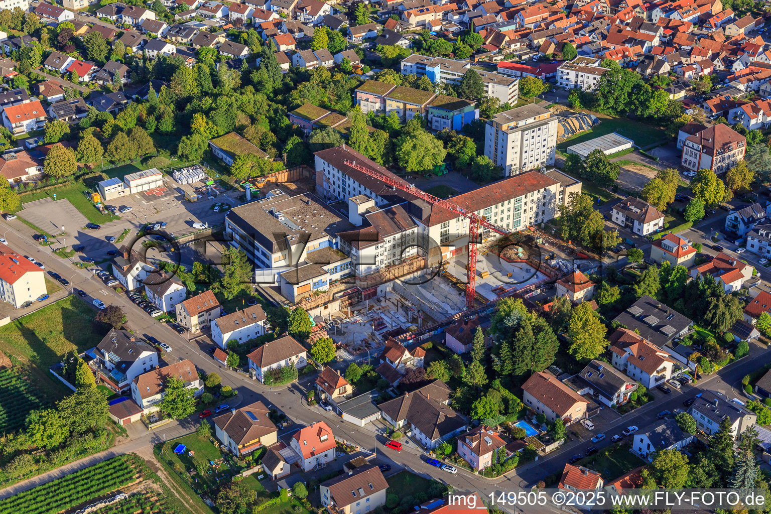 Construction site for the expansion of the Asklepios Südpfalzklinik Kandel in Kandel in the state Rhineland-Palatinate, Germany from the plane