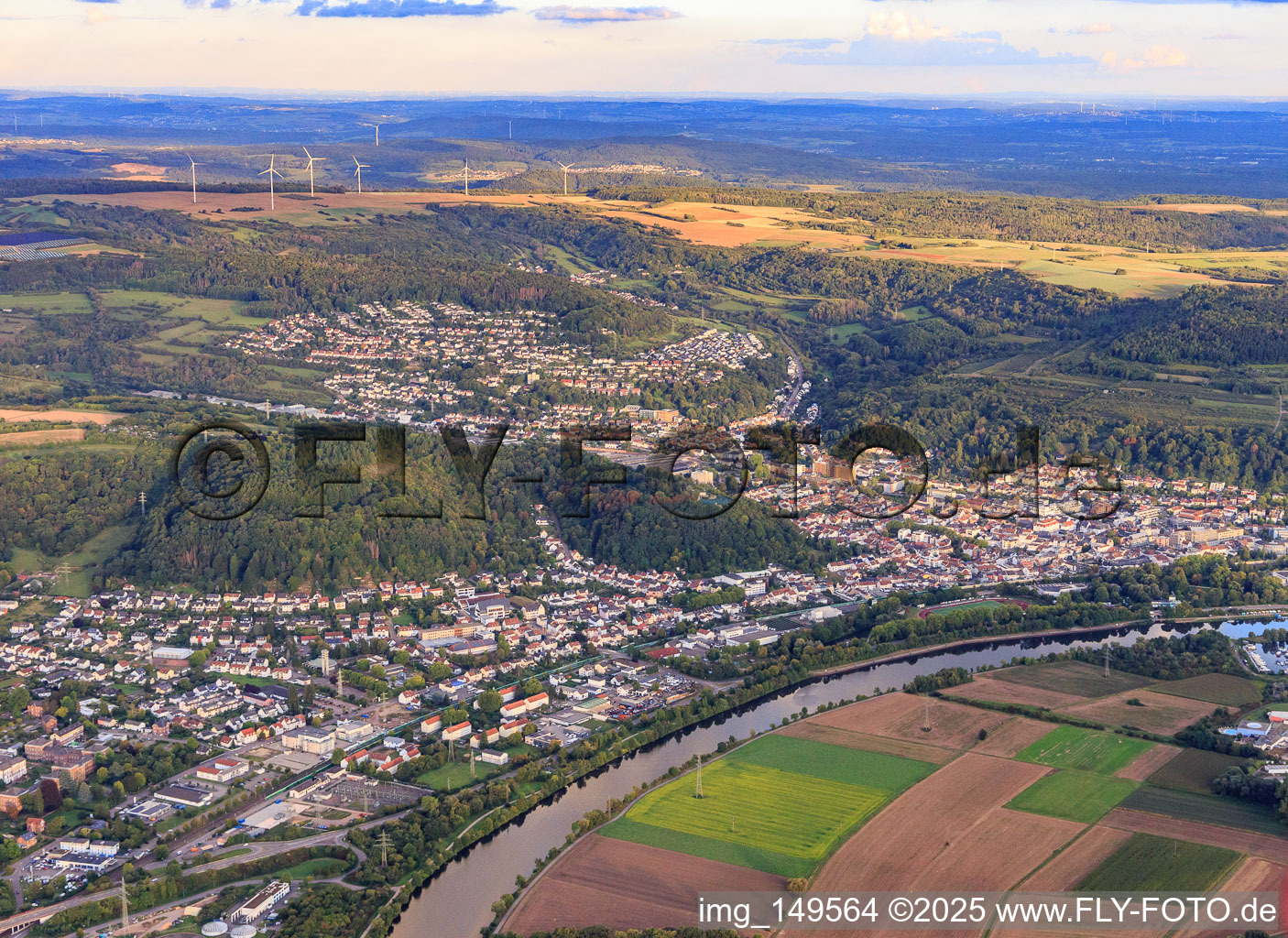 City view on the banks of the Saar from the northwest in Merzig in the state Saarland, Germany