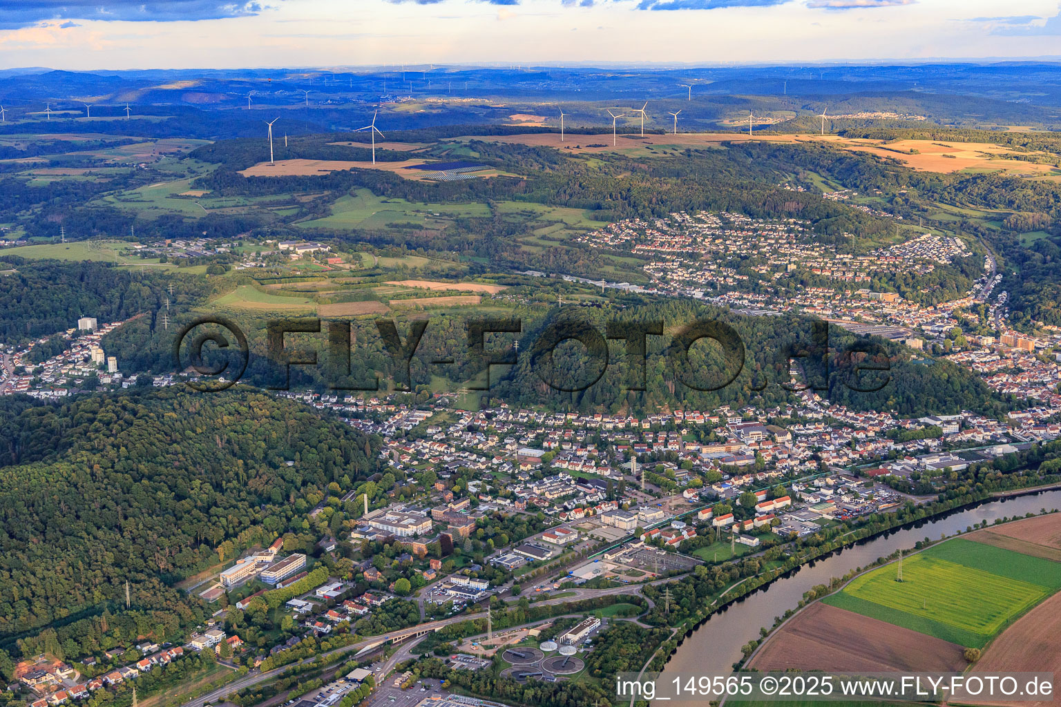 Aerial view of City view on the banks of the Saar from the northwest in Merzig in the state Saarland, Germany