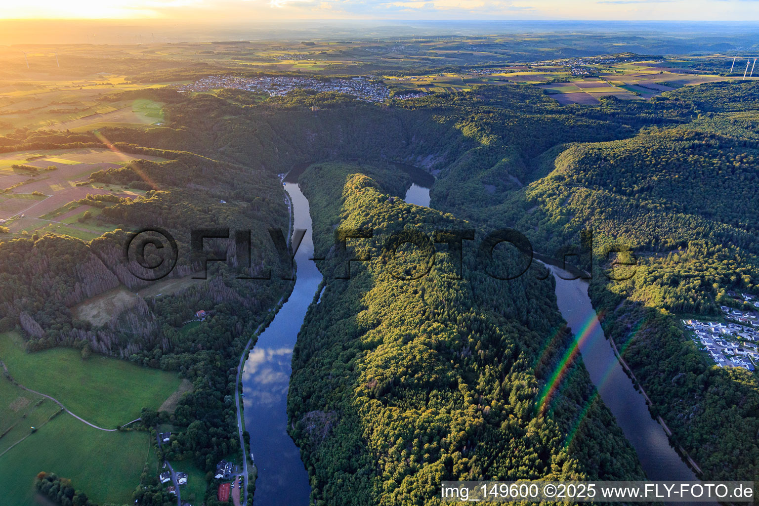 Aerial view of Saarschleife from the east at sunset in Mettlach in the state Saarland, Germany