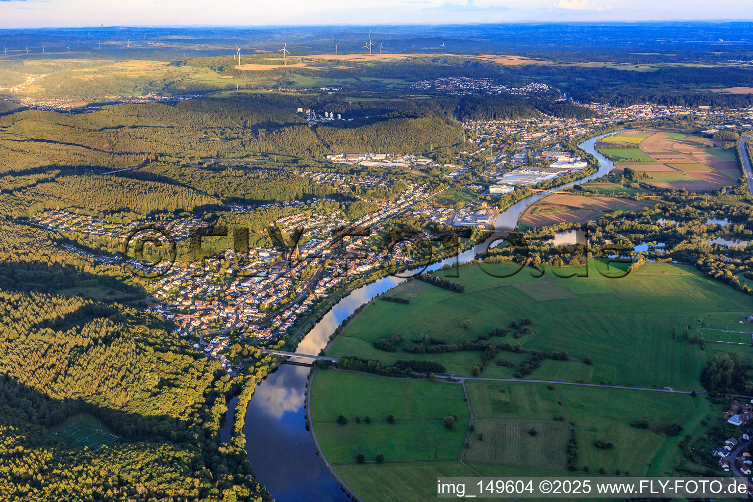 View of the town on the banks of the Saar from the northwest in the district Besseringen in Merzig in the state Saarland, Germany