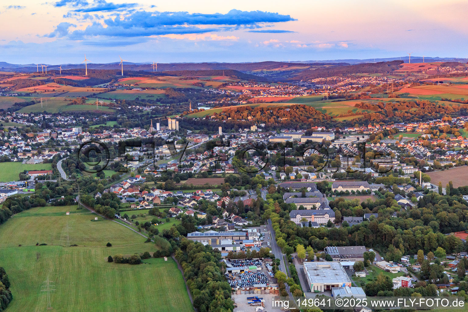 Aerial view of View of the town from the west in the evening in the district Jabach in Lebach in the state Saarland, Germany