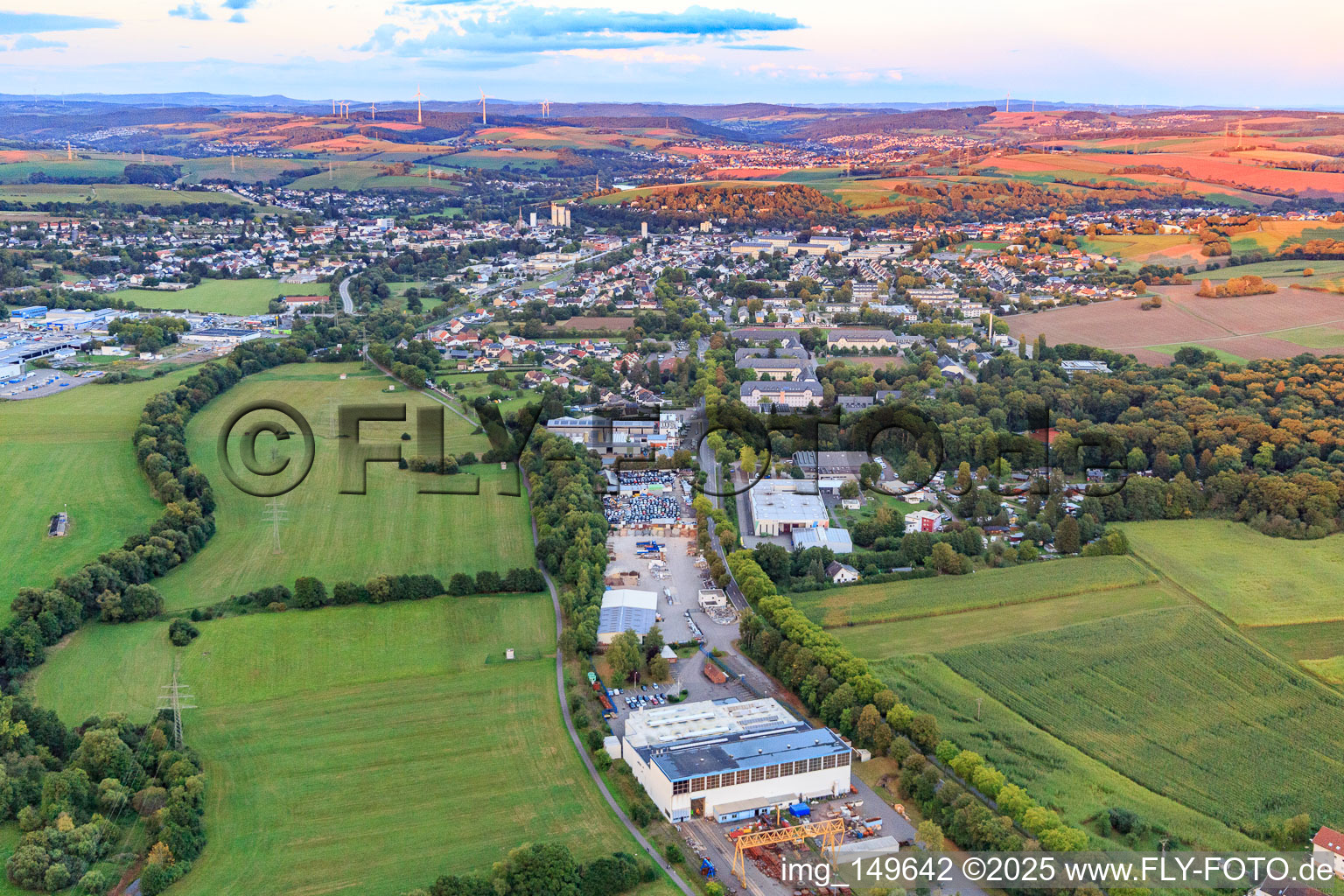 Aerial photograpy of View of the town from the west in the evening in the district Jabach in Lebach in the state Saarland, Germany