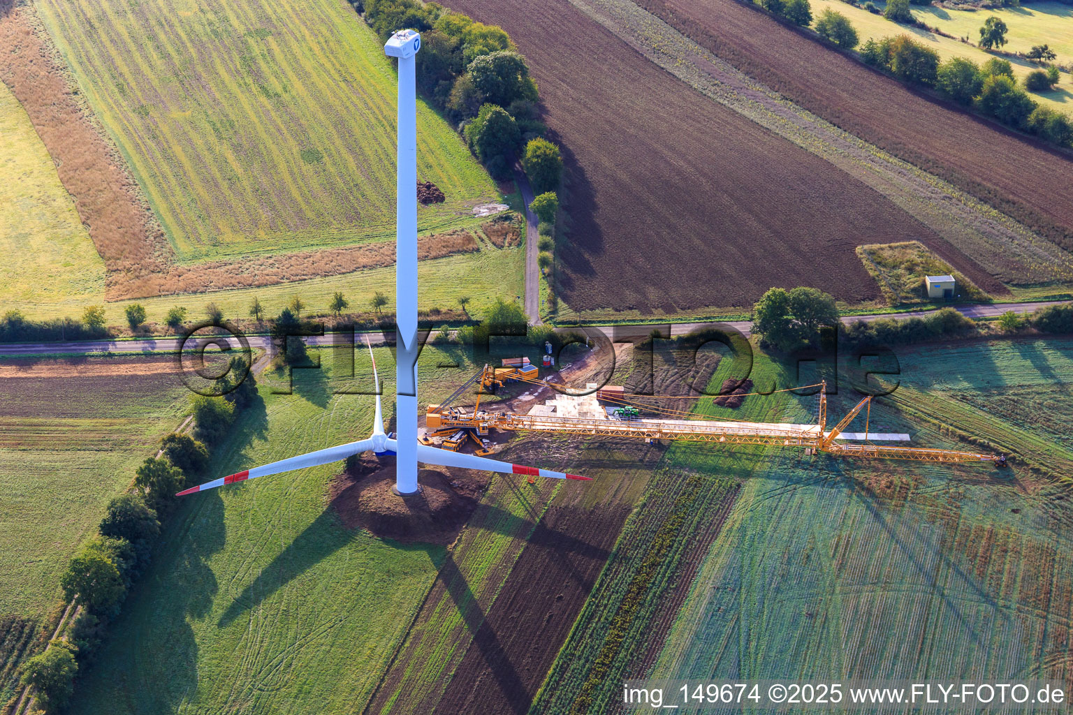 Aerial view of Repowering a wind turbine before assembly of the rotors in the district Sotzweiler in Tholey in the state Saarland, Germany