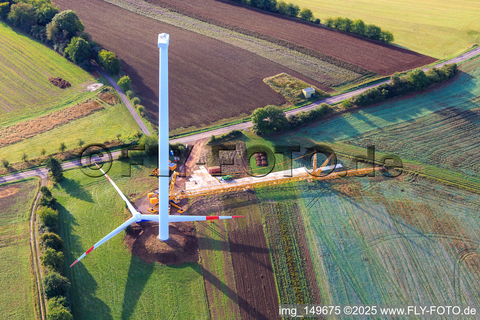 Aerial photograpy of Repowering a wind turbine before assembly of the rotors in the district Sotzweiler in Tholey in the state Saarland, Germany