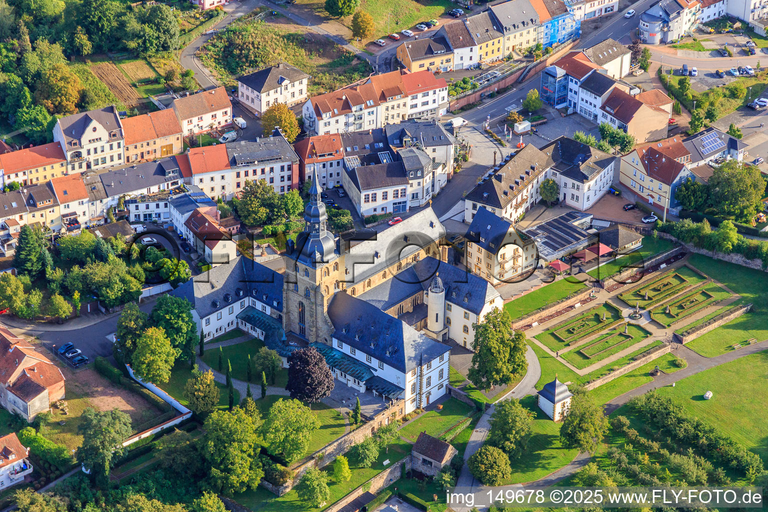 Benedictine Abbey of St. Mauritius Tholey with abbey church and monastery garden from the southwest in Tholey in the state Saarland, Germany