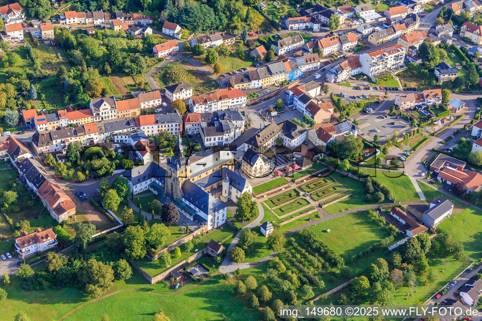 Aerial view of Benedictine Abbey of St. Mauritius Tholey with abbey church and monastery garden from the southwest in Tholey in the state Saarland, Germany