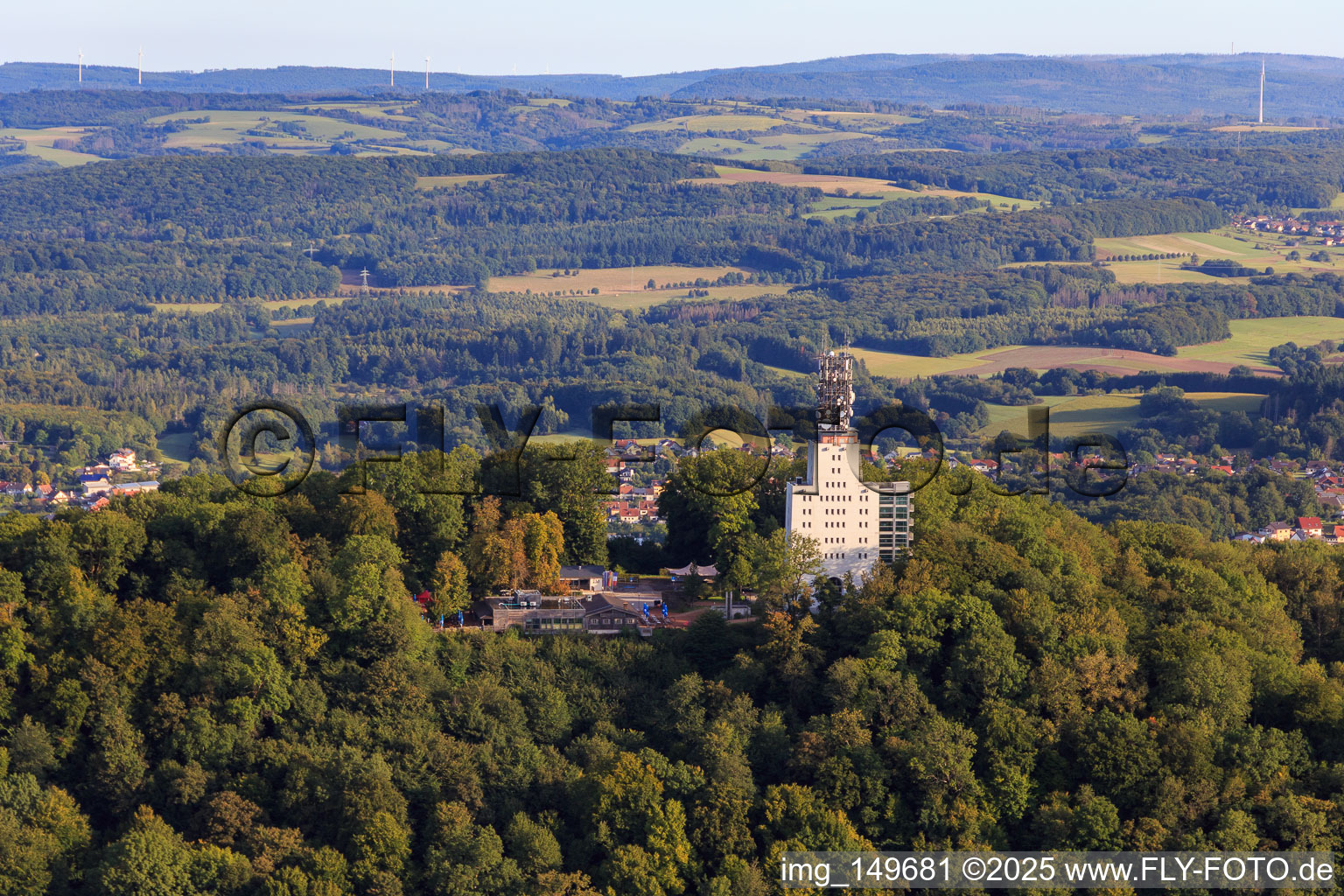 Schaumberg with Skywalk, Schaumberg Alm and observation and telecommunications tower Schaumbergturm in Tholey in the state Saarland, Germany