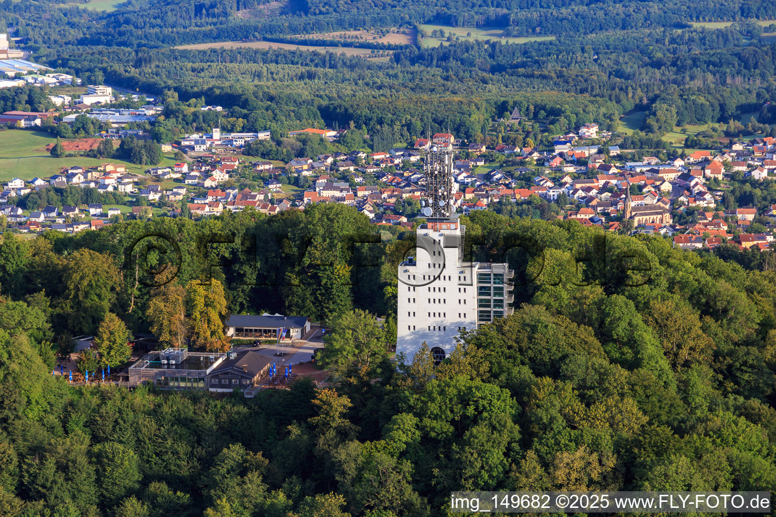 Aerial view of Schaumberg with Skywalk, Schaumberg Alm and observation and telecommunications tower Schaumbergturm in Tholey in the state Saarland, Germany