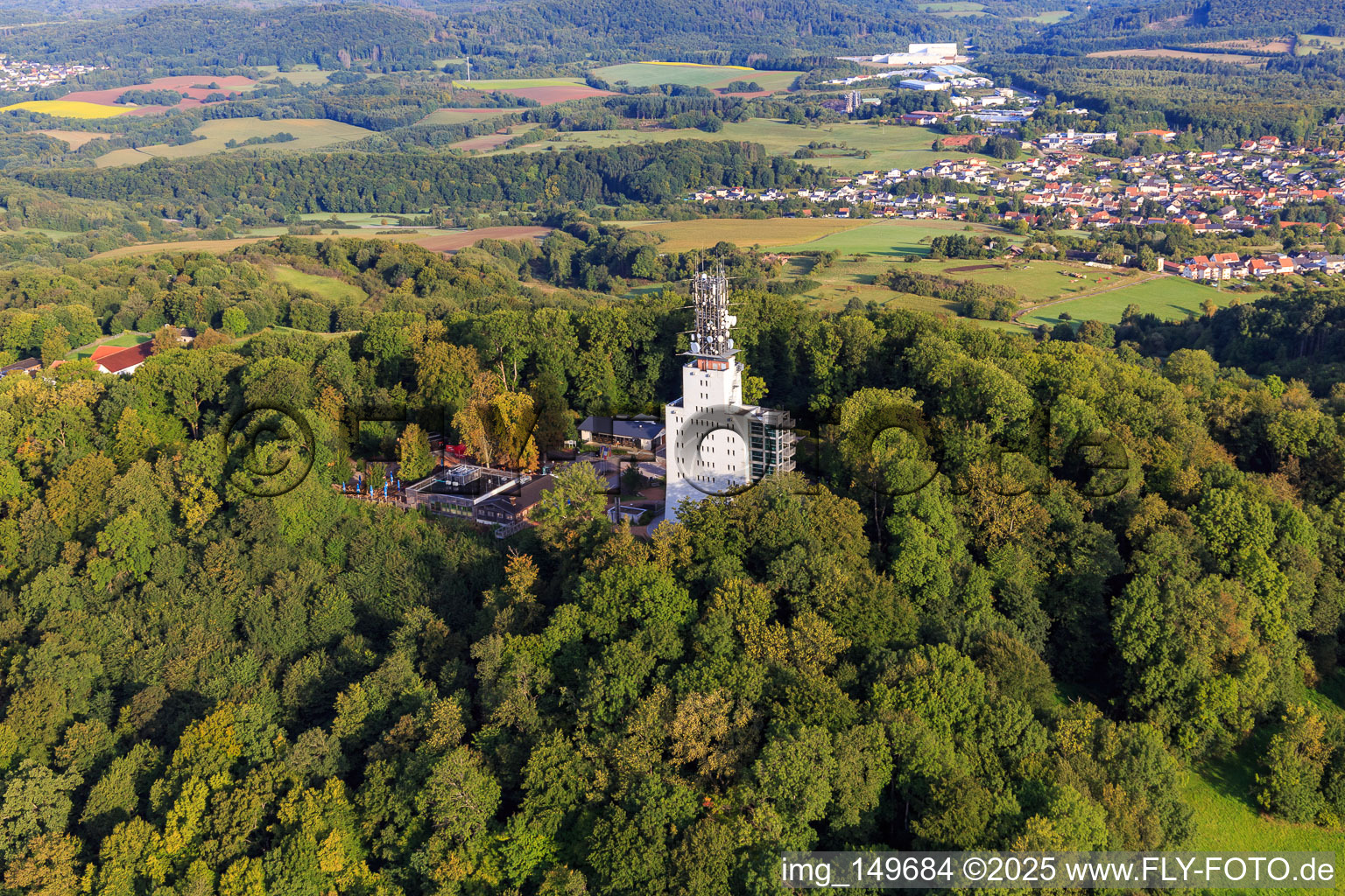 Aerial photograpy of Schaumberg with Skywalk, Schaumberg Alm and observation and telecommunications tower Schaumbergturm in Tholey in the state Saarland, Germany