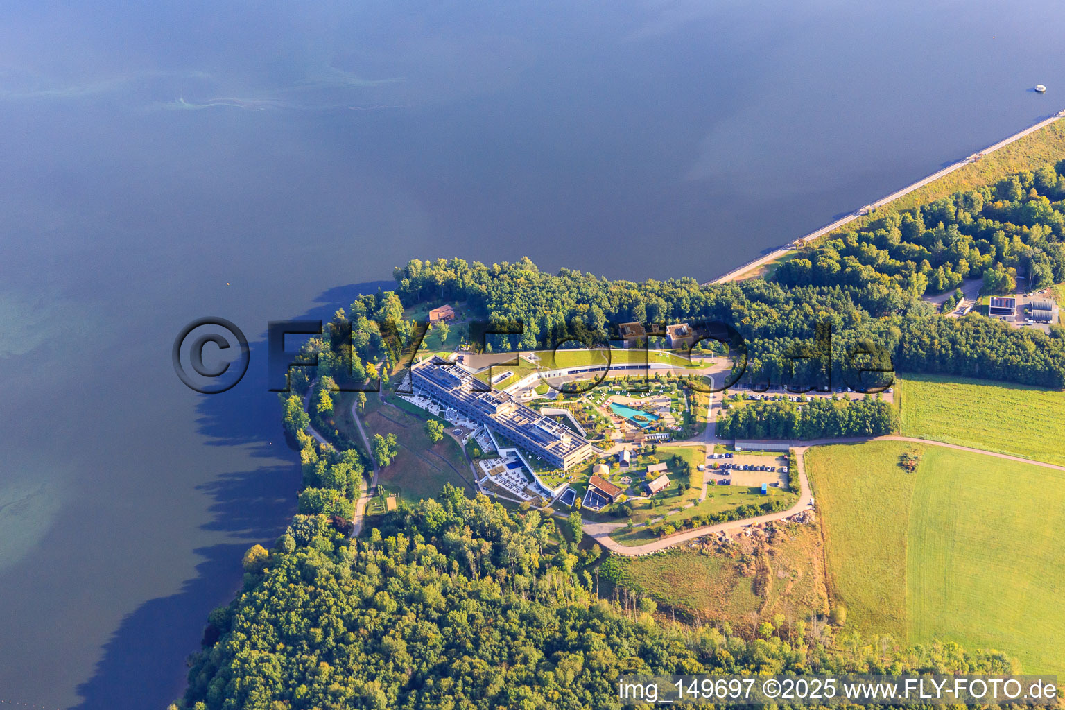 Aerial view of Seezeitlodge Hotel&SPA at Bostalsee in the district Gonnesweiler in Nohfelden in the state Saarland, Germany