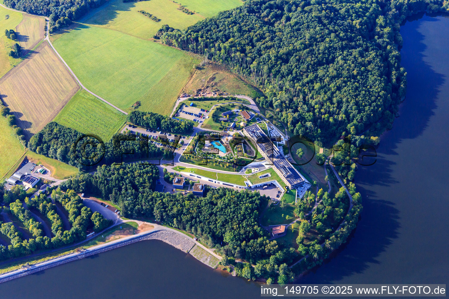 Aerial photograpy of Seezeitlodge Hotel&SPA at Bostalsee in the district Gonnesweiler in Nohfelden in the state Saarland, Germany