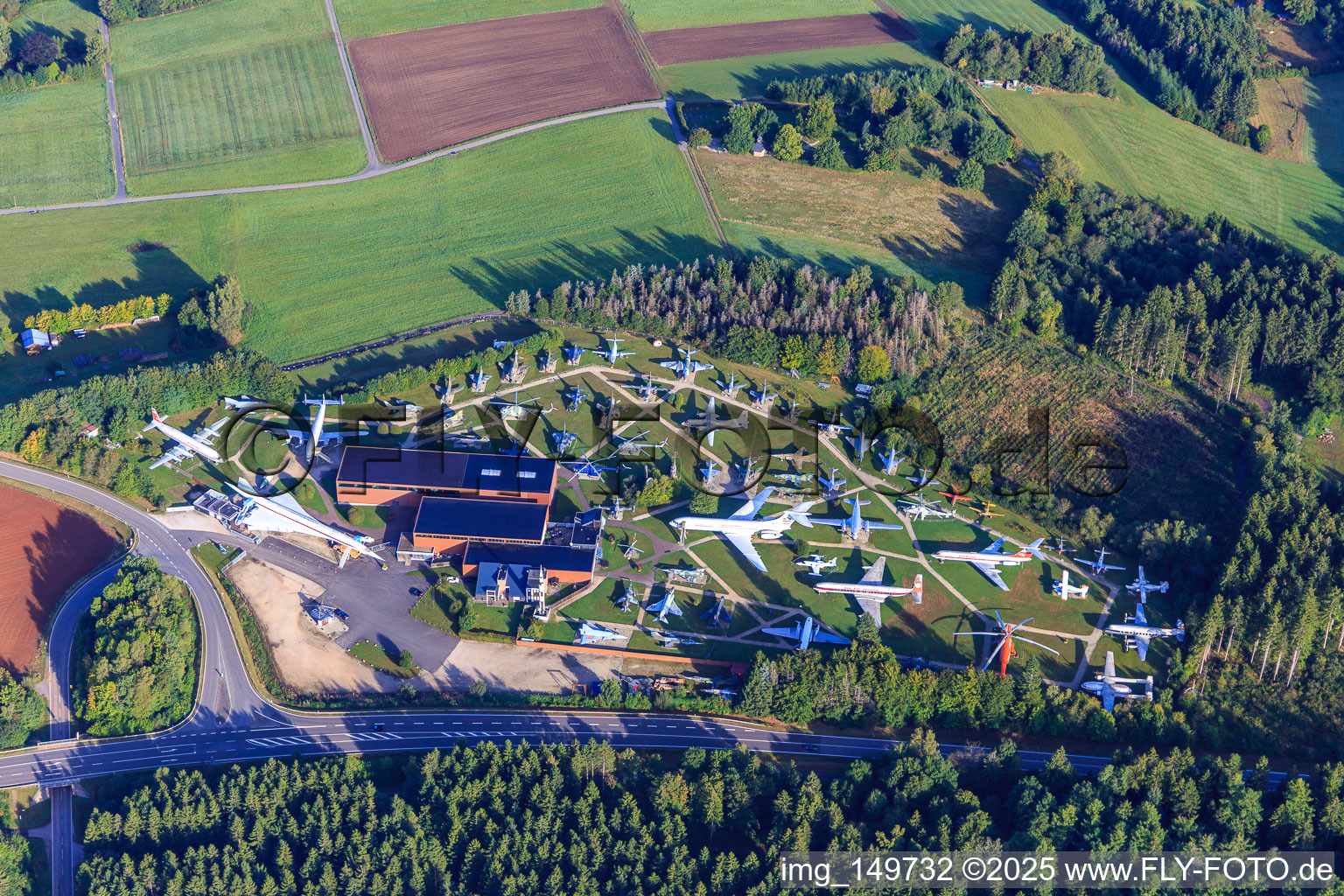 Aerial view of Aircraft Museum Flight Exhibition P. Junior in the district Abtei in Hermeskeil in the state Rhineland-Palatinate, Germany