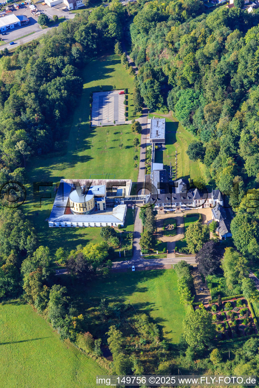 Aerial view of Castle Dagstuhl with Leibniz Center for Informatics, castle garden, and castle chapel in the district Dagstuhl in Wadern in the state Saarland, Germany