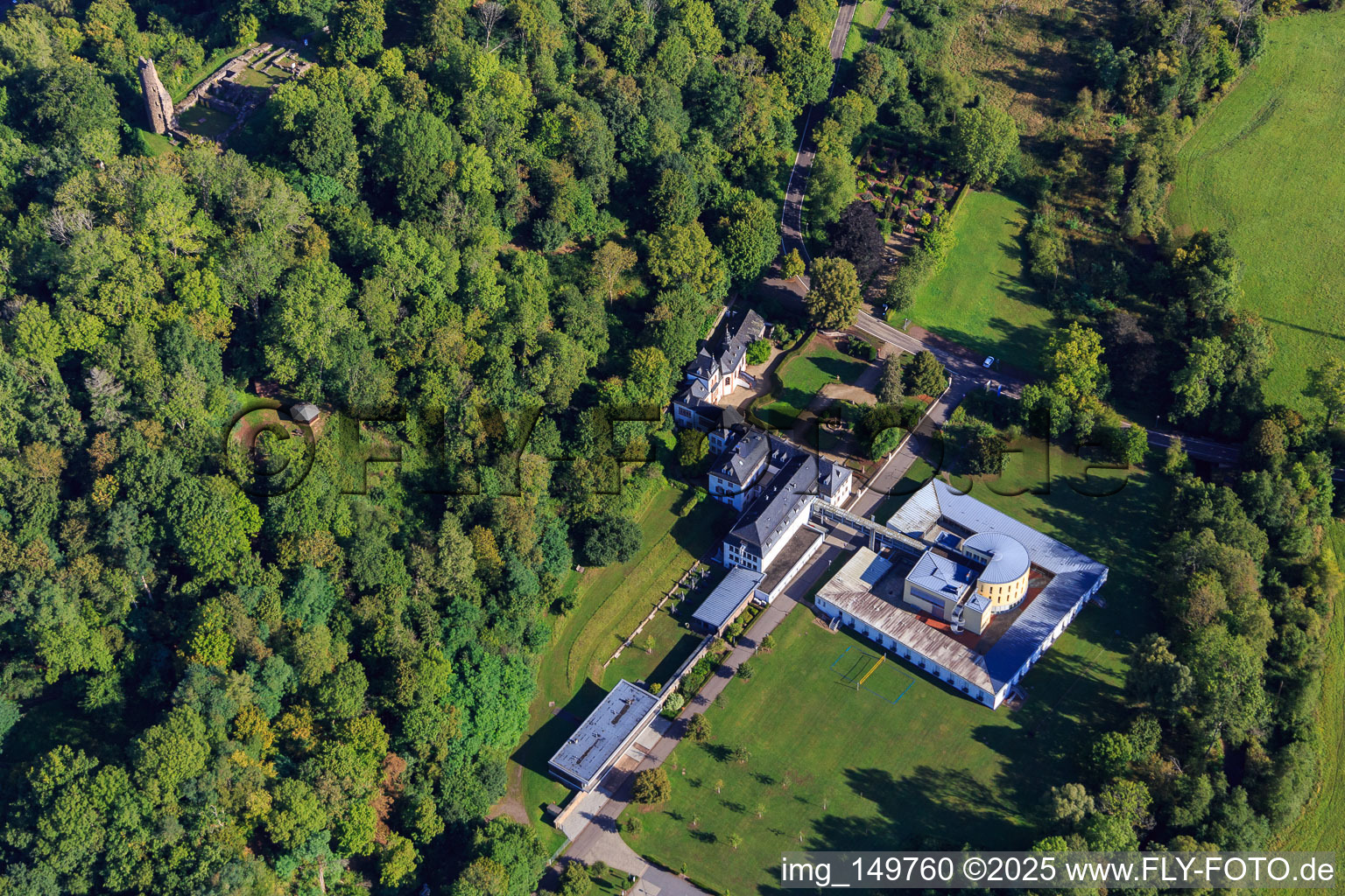 Aerial photograpy of Castle Dagstuhl with Leibniz Center for Informatics, castle garden, and castle chapel in the district Dagstuhl in Wadern in the state Saarland, Germany