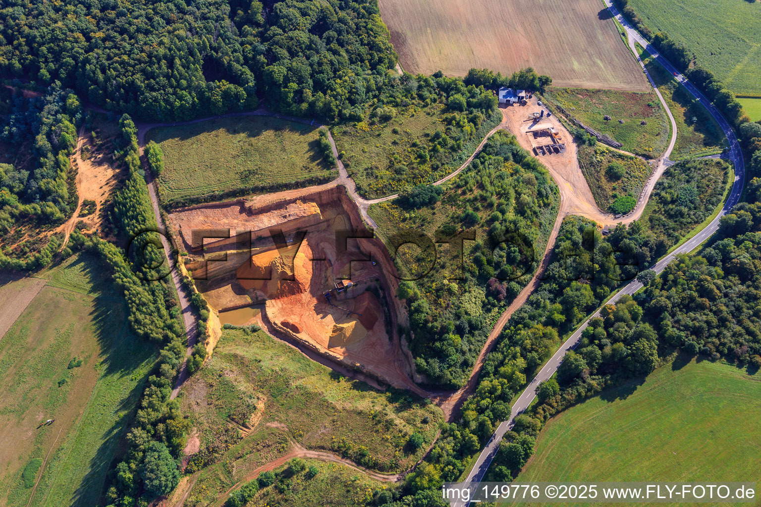Aerial view of MUCAJ sand pit and TERALIS - Lebach (building materials disposal, recycling, concrete filling station) in the district Primsweiler in Schmelz in the state Saarland, Germany