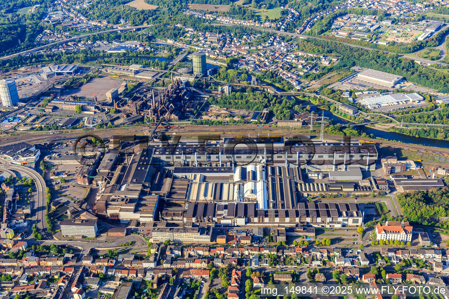 Aerial view of UNESCO World Heritage Site Völklinger Hütte behind Saarschmiede GmbH in Völklingen in the state Saarland, Germany
