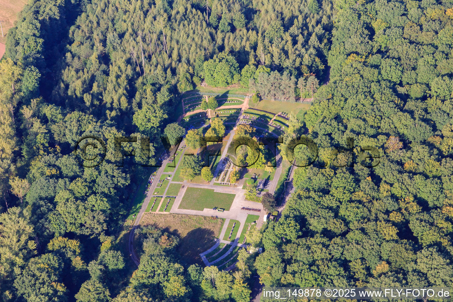 Aerial view of Cemetery Eiweiler in the forest in the district Eiweiler in Heusweiler in the state Saarland, Germany