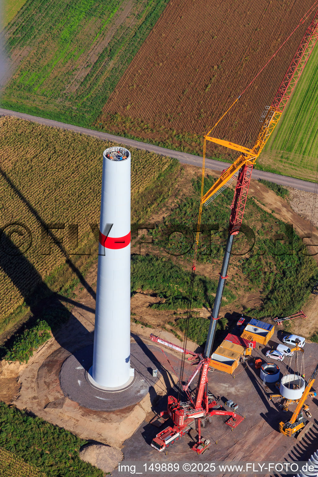 Bird's eye view of Repowering Wind Farm Minfeld. JUWI replaces four old turbines (GE 1.5) from 2004 with two new, modern Vestas V162 turbines, each with six megawatts. in Minfeld in the state Rhineland-Palatinate, Germany