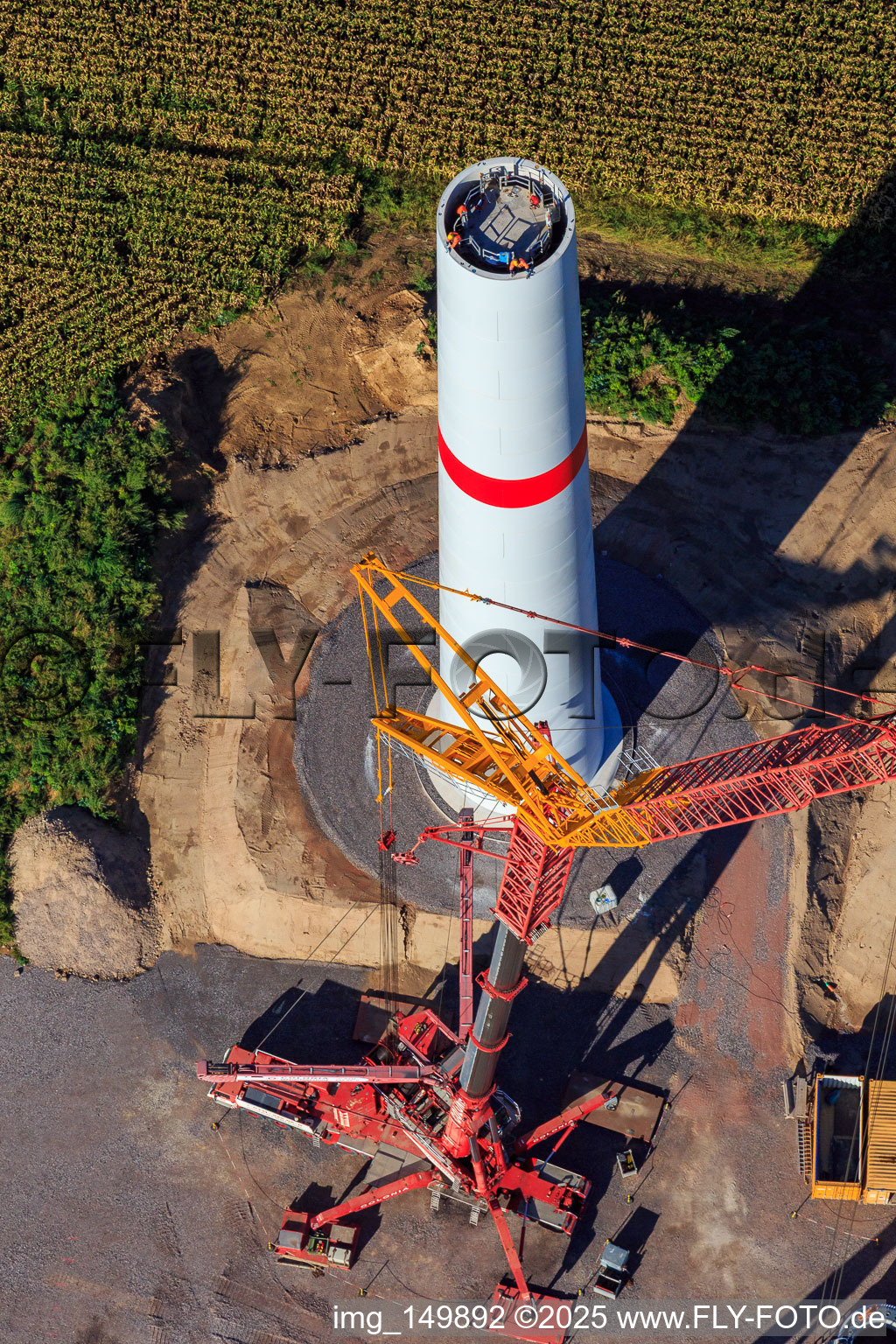 Repowering Wind Farm Minfeld. JUWI replaces four old turbines (GE 1.5) from 2004 with two new, modern Vestas V162 turbines, each with six megawatts. in Minfeld in the state Rhineland-Palatinate, Germany viewn from the air