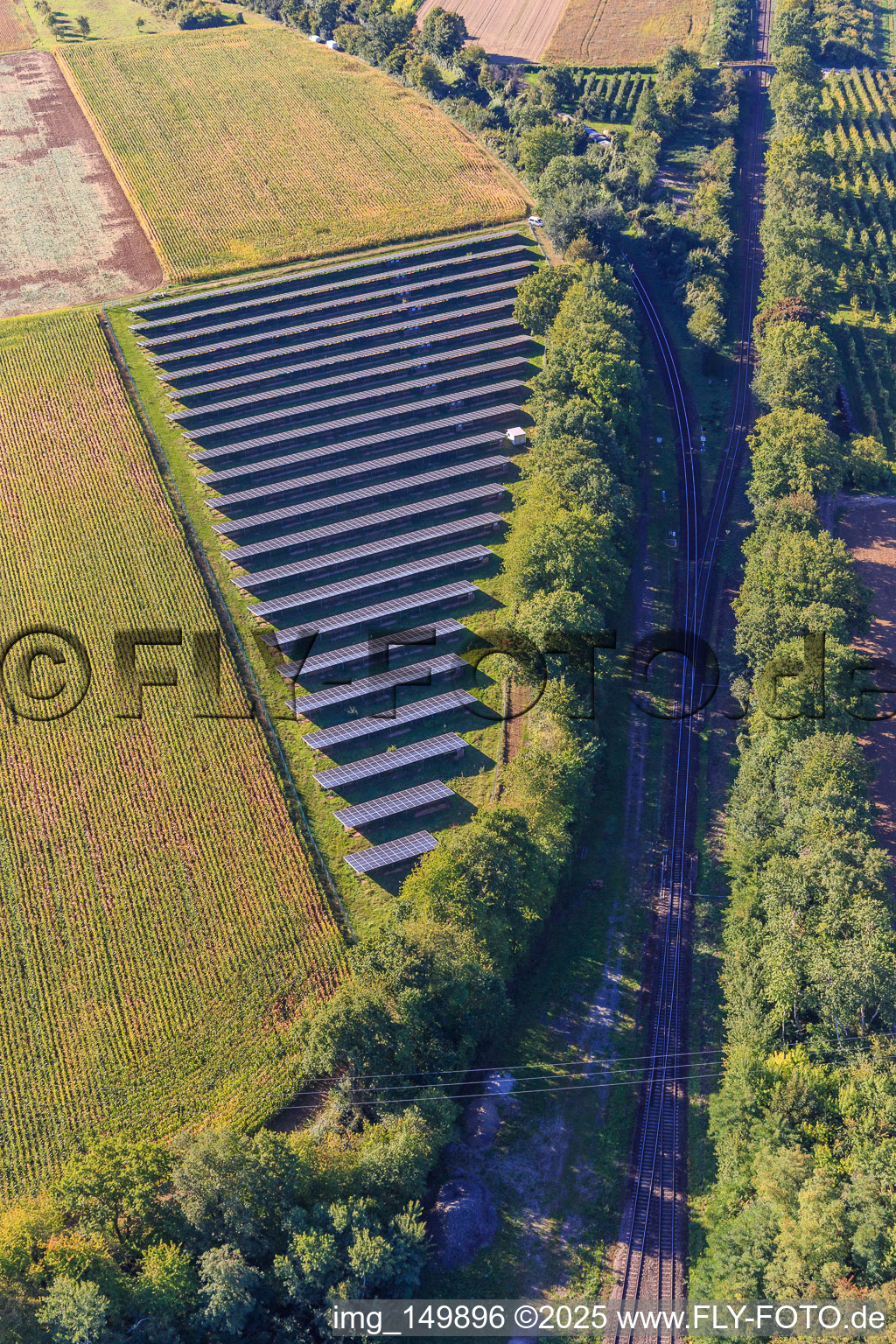 Aerial view of Photovoltaic system on arable land in Winden in the state Rhineland-Palatinate, Germany