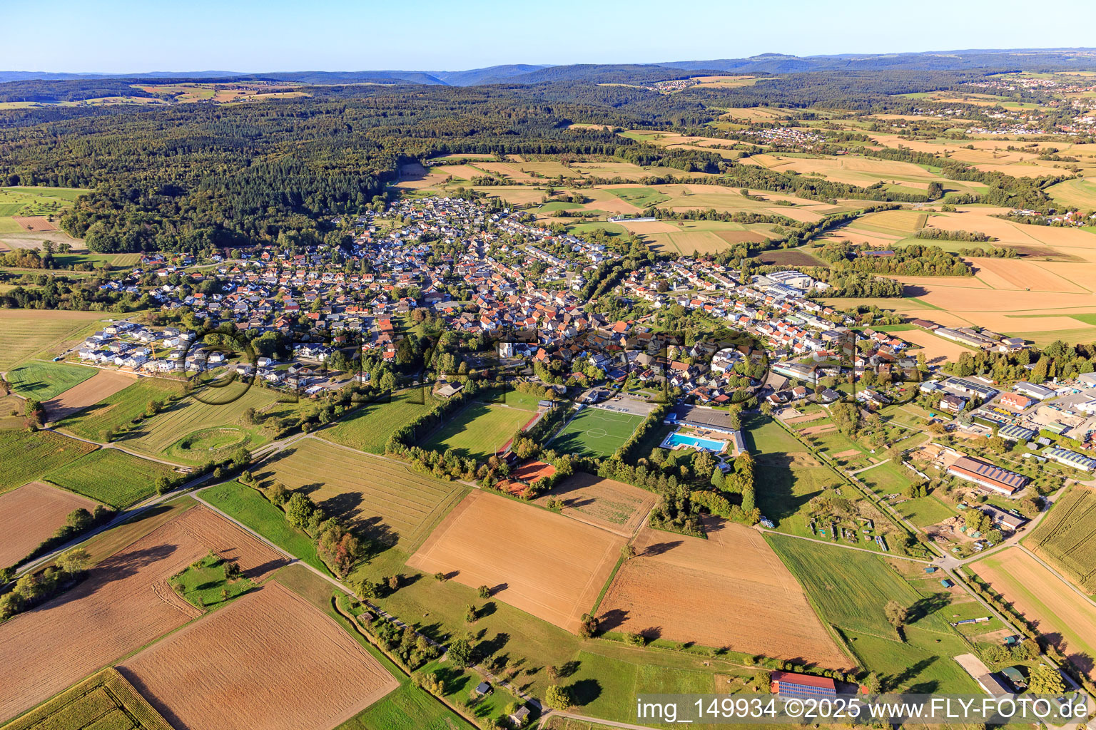 Overview of locations from the south, including the leisure pool Reichartshausen in Reichartshausen in the state Baden-Wuerttemberg, Germany