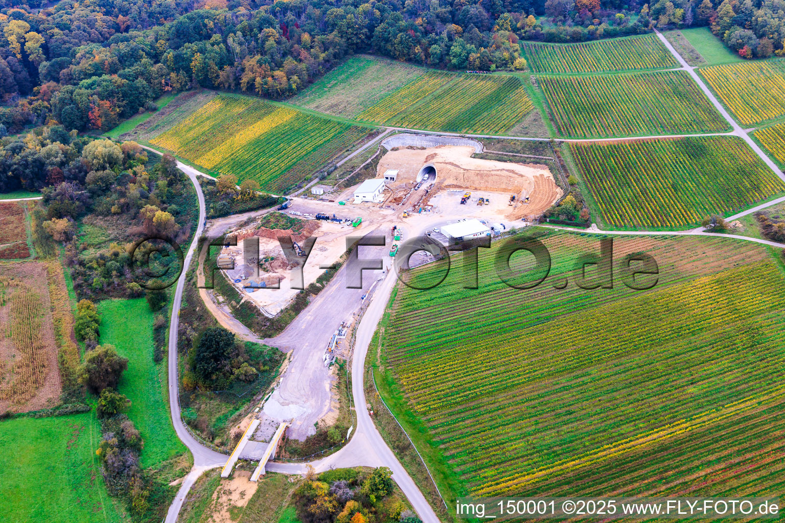 Aerial view of Construction site of the eastern tunnel portal for the Astrid Tunnel for the underpass and bypass of Bad Bergzabern between B38 (Weinstraße) and B427 (Kurtalstraße) in Dörrenbach in the state Rhineland-Palatinate, Germany