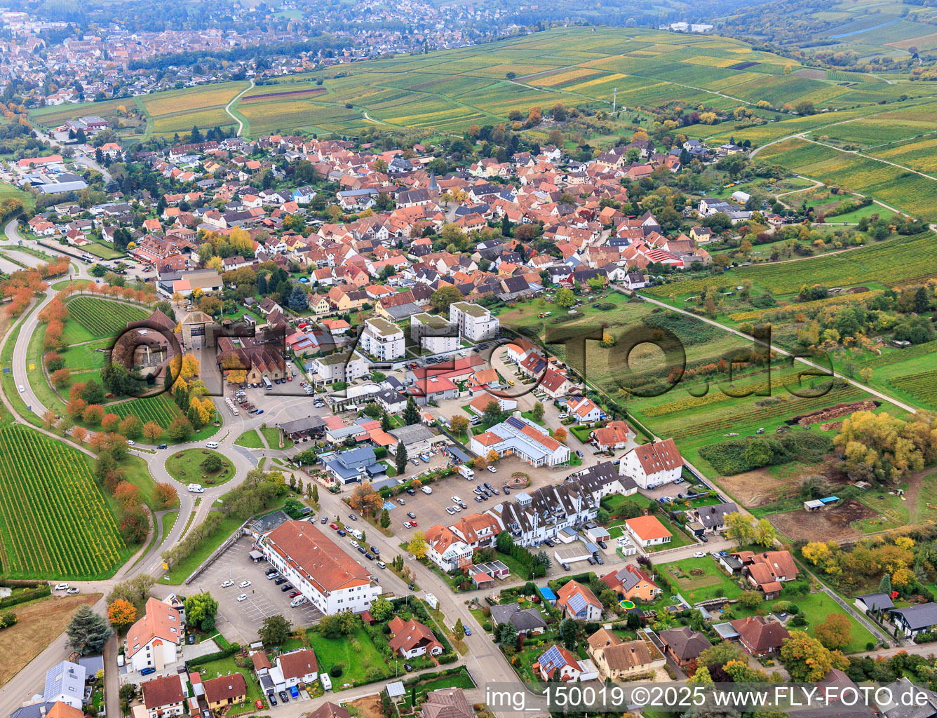 Aerial view of German Wine Gate from the North in the district Schweigen in Schweigen-Rechtenbach in the state Rhineland-Palatinate, Germany