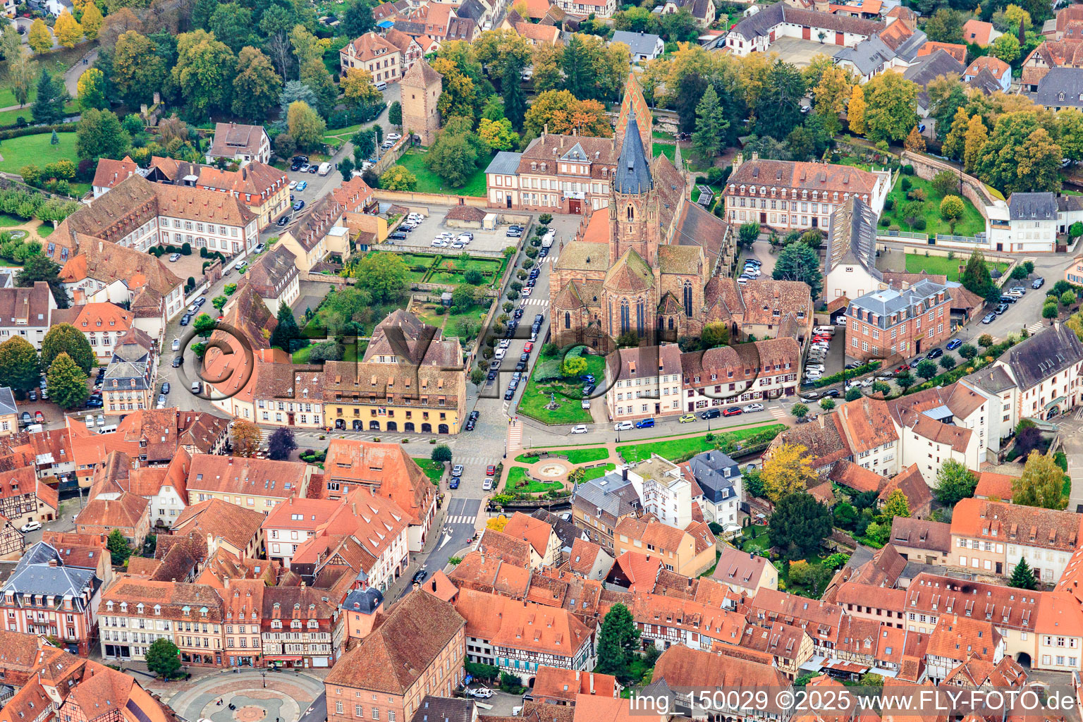 Aerial view of Church of St. Peter and Paul in Wissembourg in the state Bas-Rhin, France