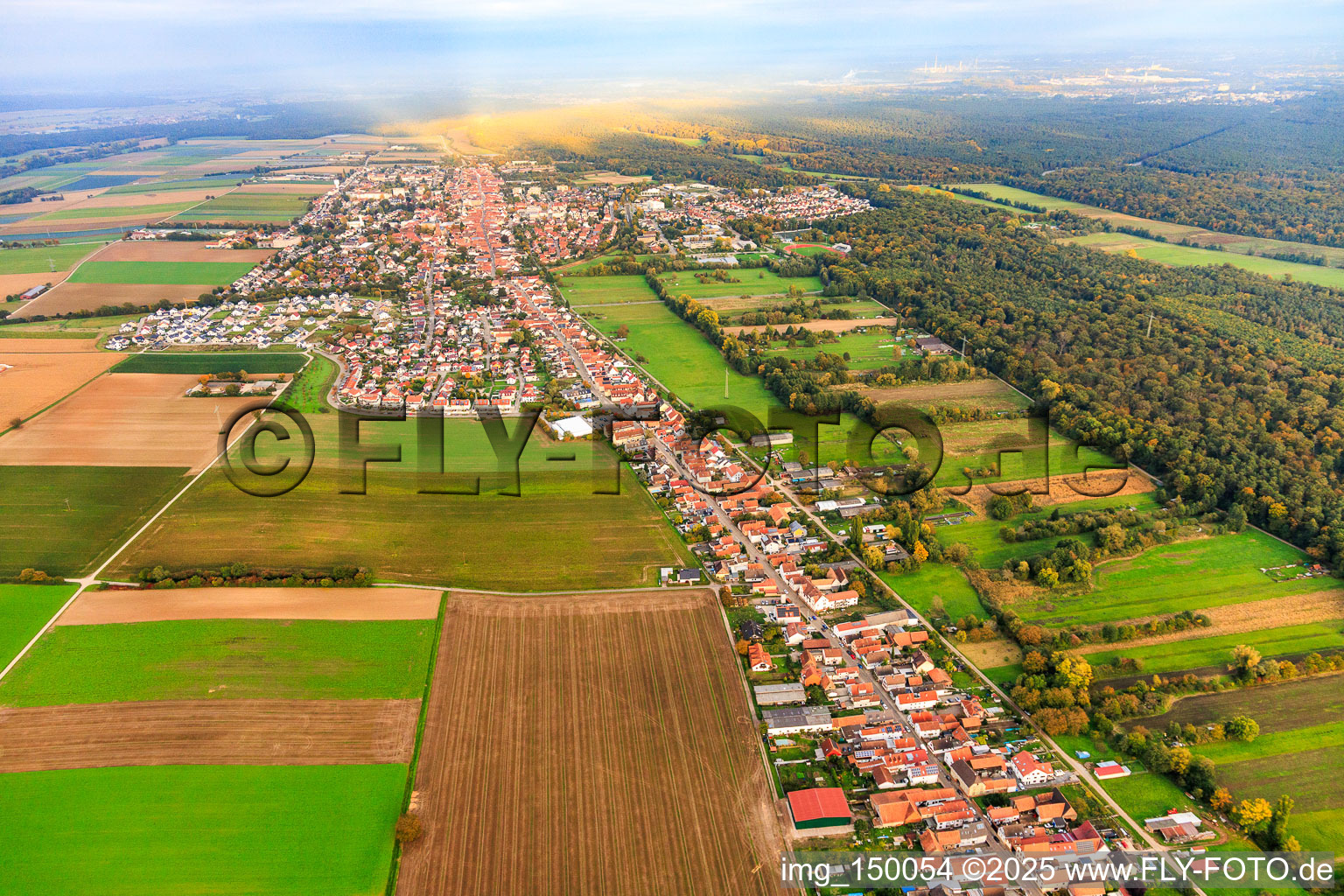 Aerial view of Rheinstraße from the west in Kandel in the state Rhineland-Palatinate, Germany