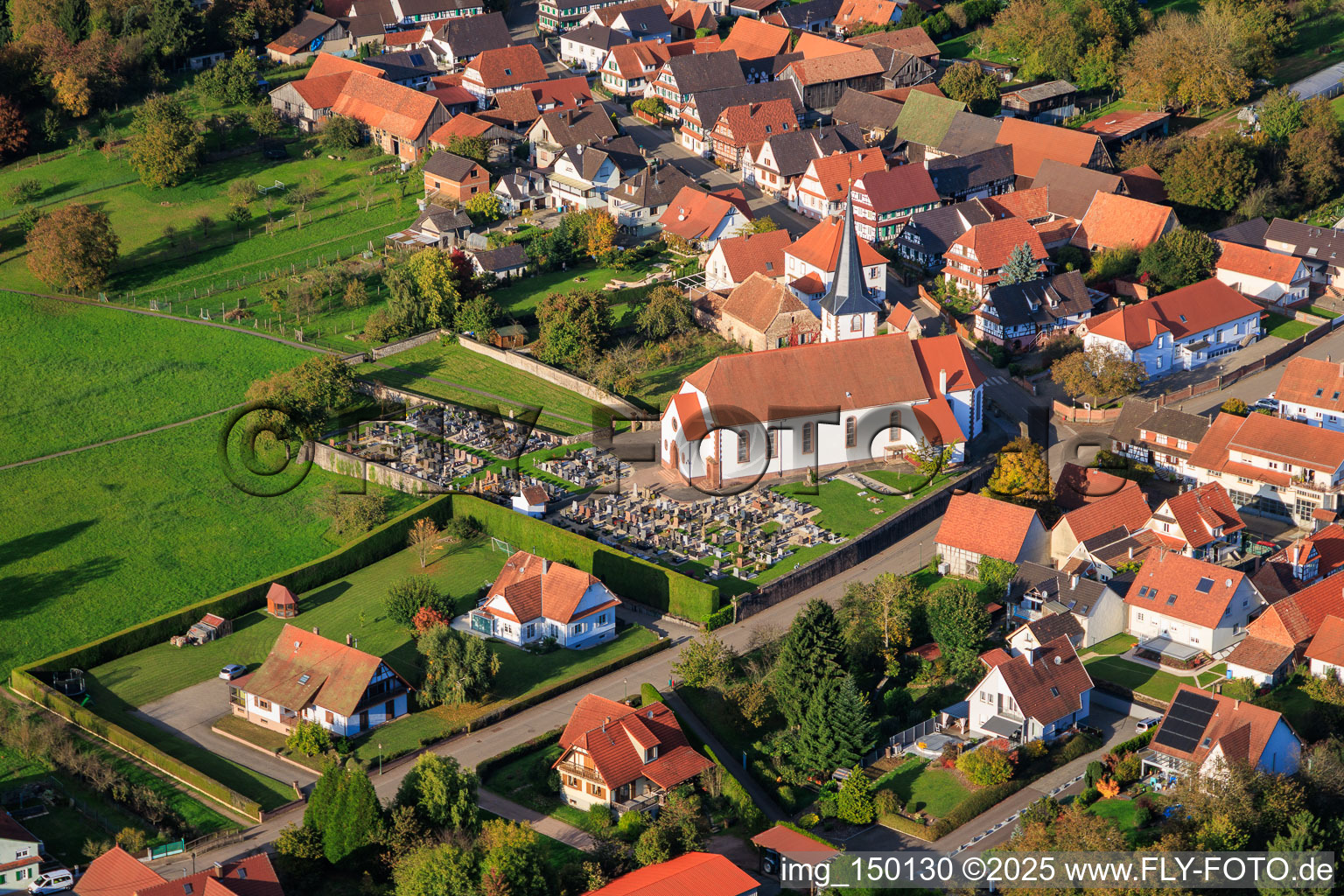 Aerial photograpy of Church and cemetery in Seebach in the state Bas-Rhin, France