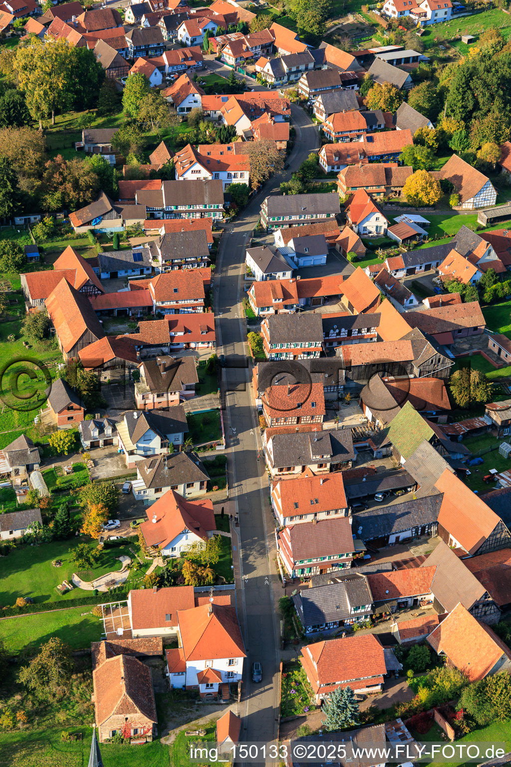 Aerial view of Rue des Églises in Seebach in the state Bas-Rhin, France