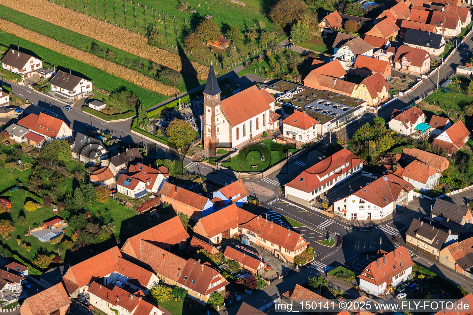 Aerial view of Eglise paroissiale de l' Immaculée Conception de la Vierge d' Aschbach in Aschbach in the state Bas-Rhin, France