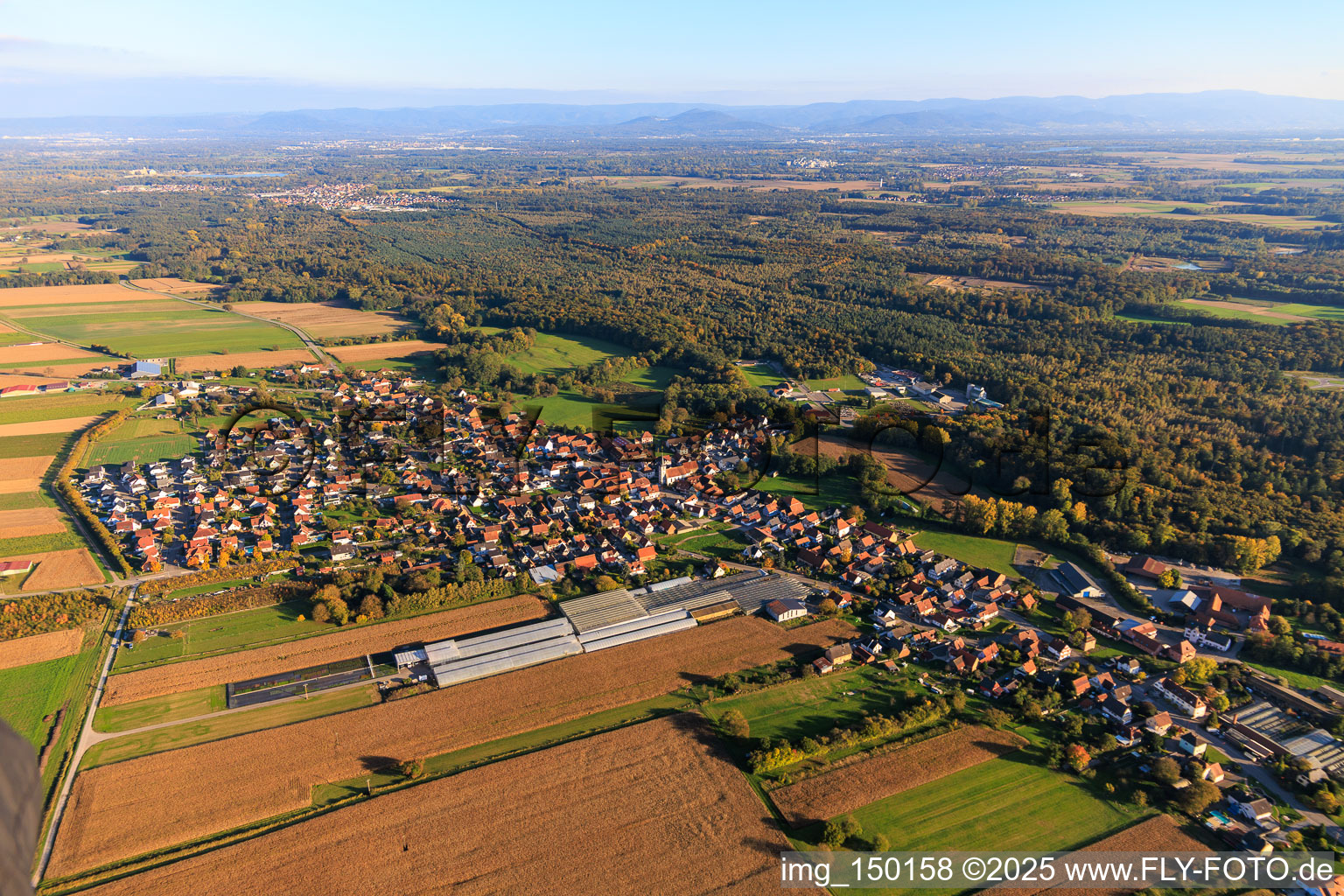 Aerial view of From the west in Niederrœdern in the state Bas-Rhin, France