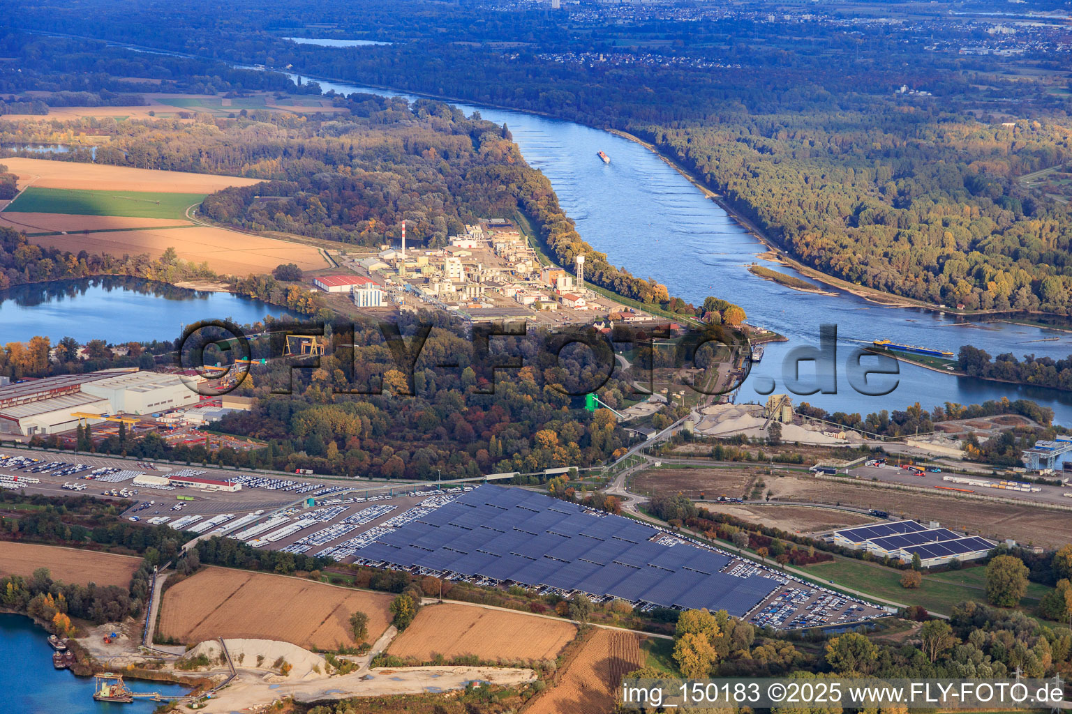 Car park covered with PV systems by Walon at the Rhine Terminal port in Lauterbourg in the state Bas-Rhin, France