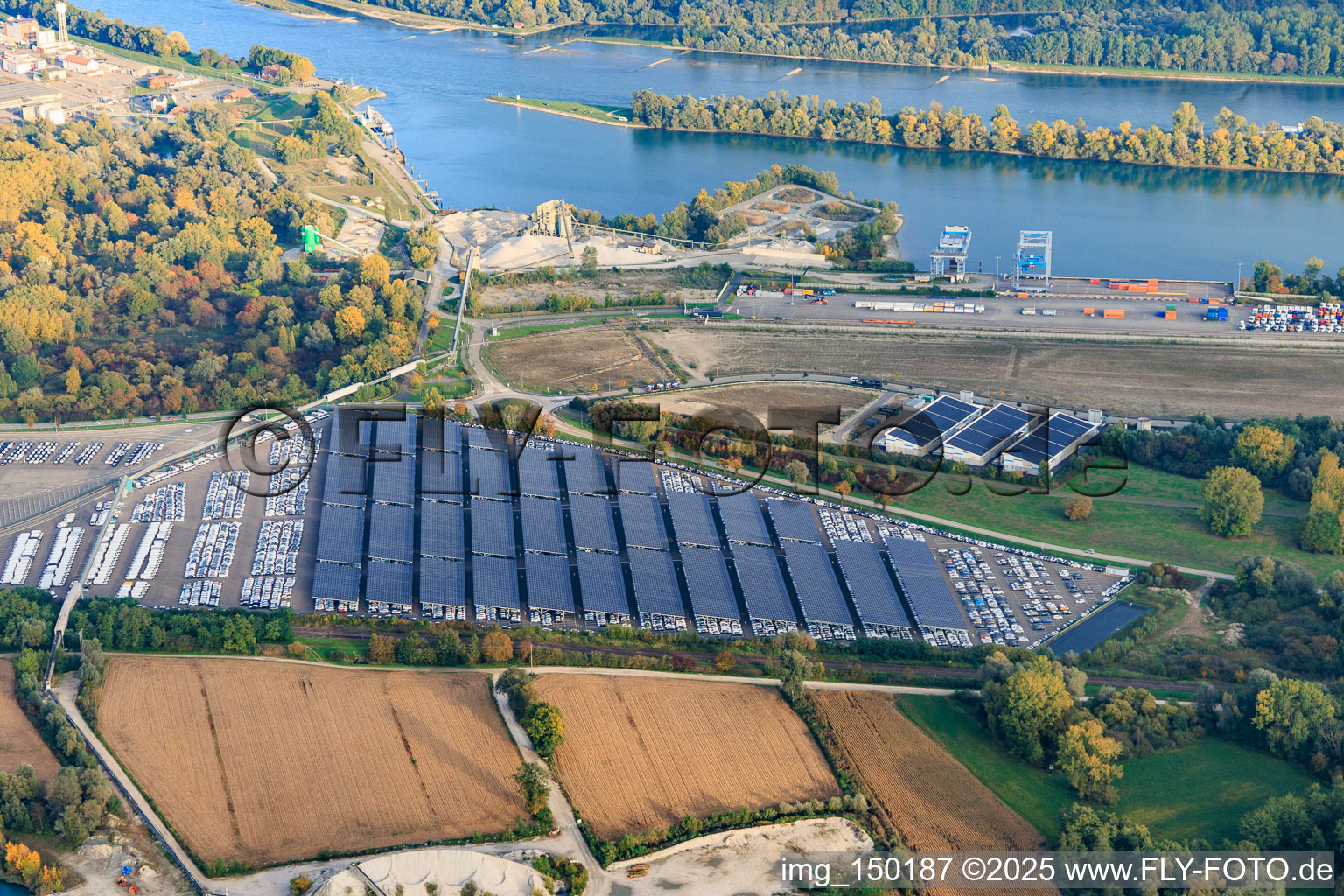 Aerial view of Car park covered with PV systems by Walon at the Rhine Terminal port in Lauterbourg in the state Bas-Rhin, France