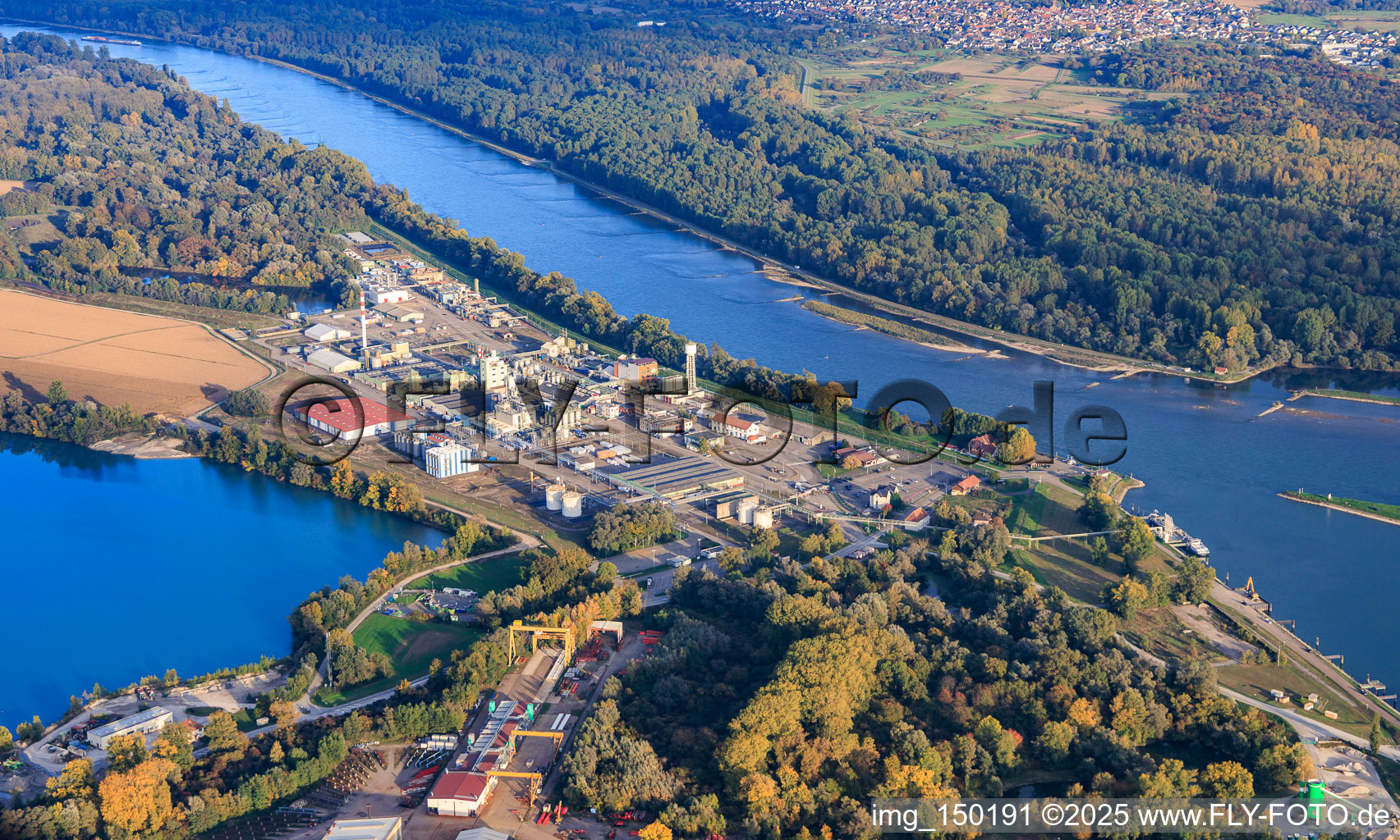 Aerial view of Chemical plant of Evonik Oil Additives SAS on the banks of the Rhine in Lauterbourg in the state Bas-Rhin, France