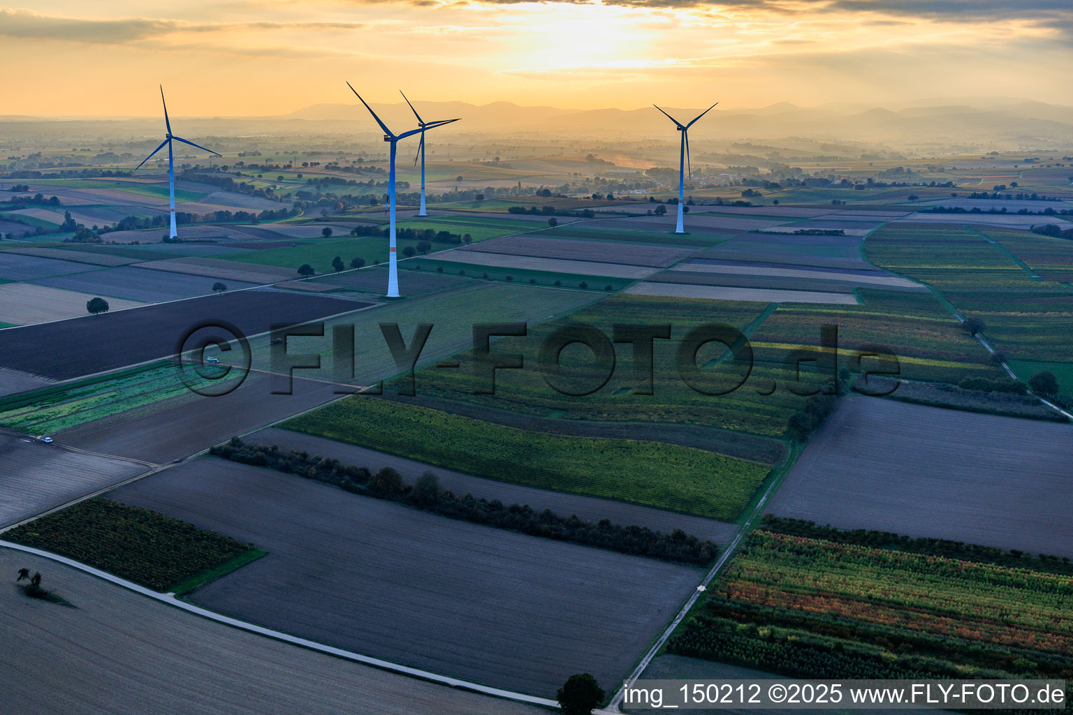 Aerial view of Wind farm Freckenfeld in the evening light from the west in Freckenfeld in the state Rhineland-Palatinate, Germany
