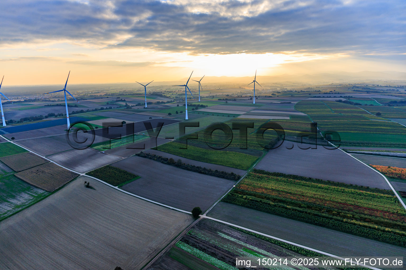 Aerial photograpy of Wind farm Freckenfeld in the evening light from the west in Freckenfeld in the state Rhineland-Palatinate, Germany