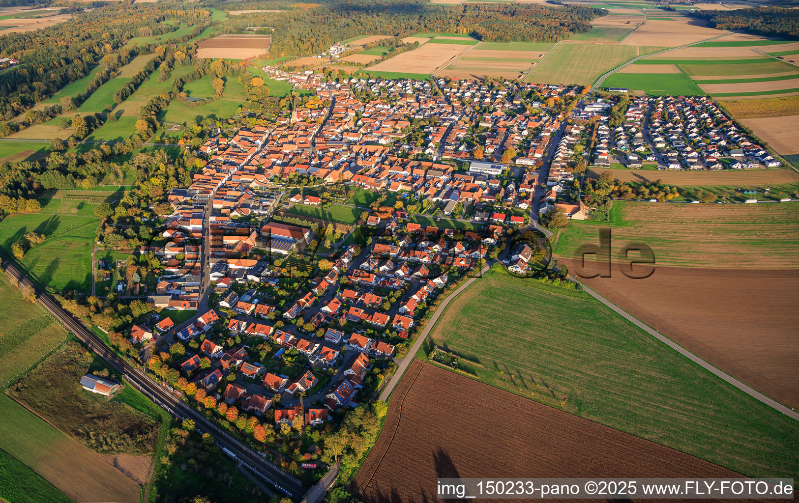 Overview of the town from the west in Steinweiler in the state Rhineland-Palatinate, Germany