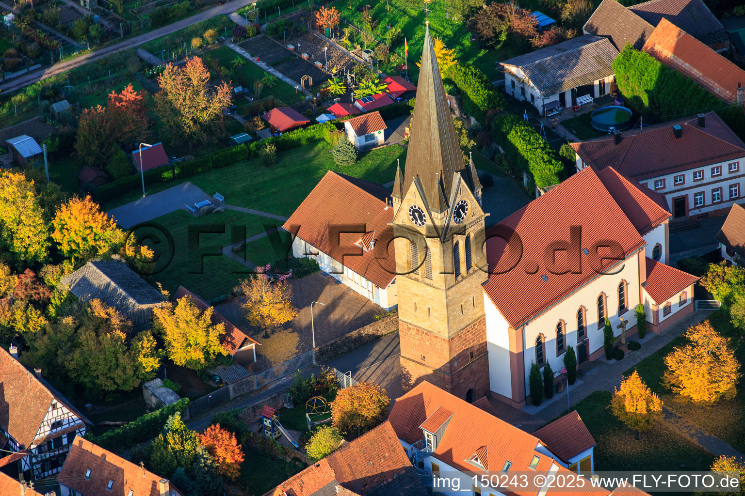 Aerial photograpy of Church of St. Martin in Steinweiler in the state Rhineland-Palatinate, Germany